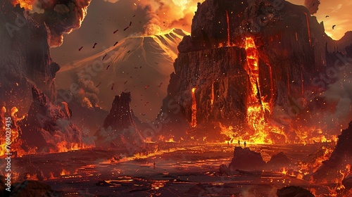 A volcanic wasteland inhabited by fire giants and elemental creatures photo