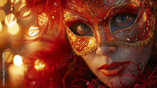 Woman in ornate red masquerade mask.