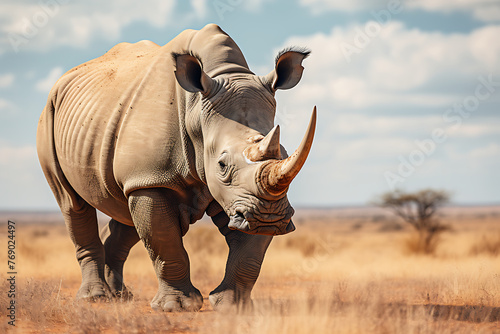 A solitary rhino strolls in the savanna, dust swirling around its massive frame