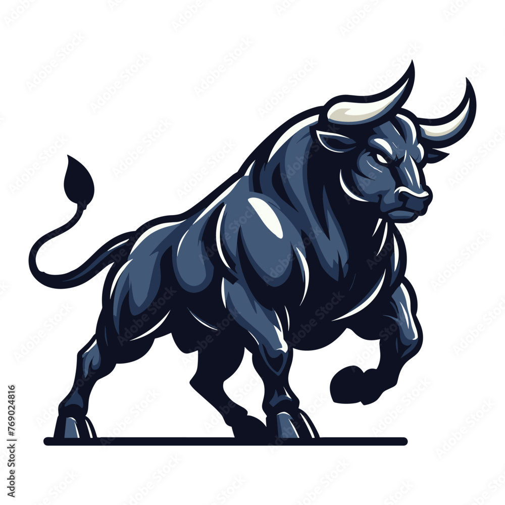 Obraz premium Strong bull full body vector mascot illustration, angry horned bull concept, farm animal or butcher shop graphic template, design isolated on white background