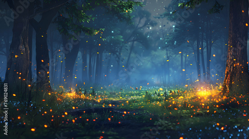 Dazzling fireflies illuminating a tranquil forest clearing at night photo