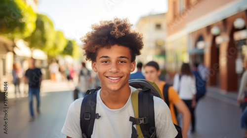 Photo of a glad, smiling young male student. Boy with a backpack ready to start studying university international exchange program summer holidays outdoors with a group of students in the background