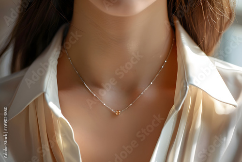 A neutral citrine and minimalist silver chain necklace that is easy to match and looks cool around a neck