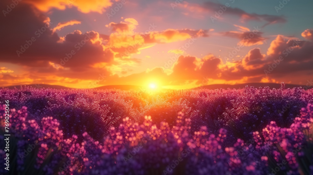 Fototapeta premium A field of lavendel during sunset and beautiful sky 