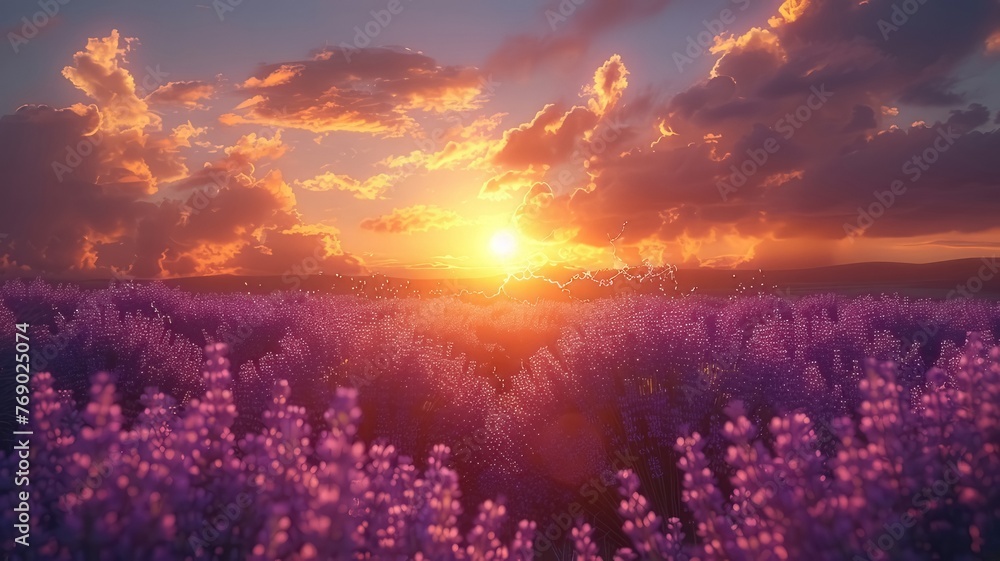 A field of lavendel during sunset and beautiful sky

