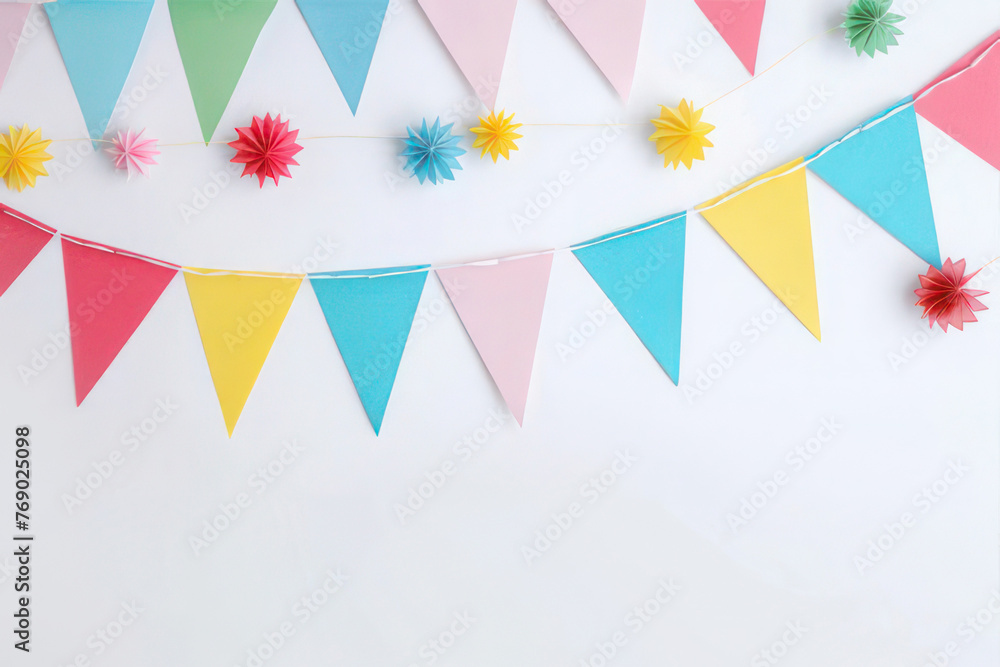 Obraz premium Colorful paper bunting banner with colorful triangular flags on white background. AI Generated