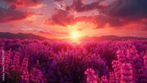 A field of lavendel during sunset and beautiful sky 
