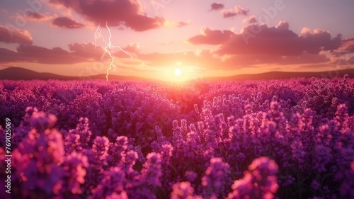 A field of lavendel during sunset and beautiful sky 