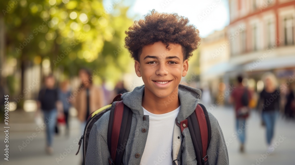 Photo of a glad, smiling young male student. Boy with a backpack ready to start studying university international exchange program summer holidays outdoors with a group of students in the background