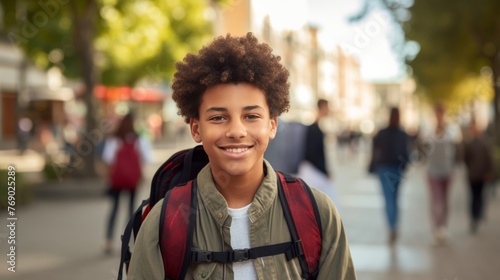 Photo of a glad, smiling young male student. Boy with a backpack ready to start studying university international exchange program summer holidays outdoors with a group of students in the background