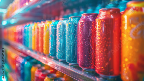 Colorful soda cans on supermarket shelf photo