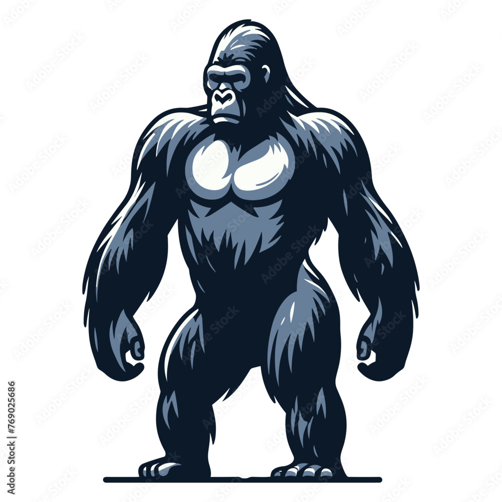 Obraz premium Wild gorilla full body vector illustration, primate animal zoology element illustration, standing strong big ape concept, design template isolated on white background