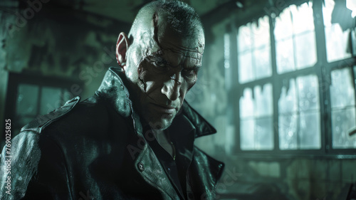 Mature man with intense gaze in a gritty setting