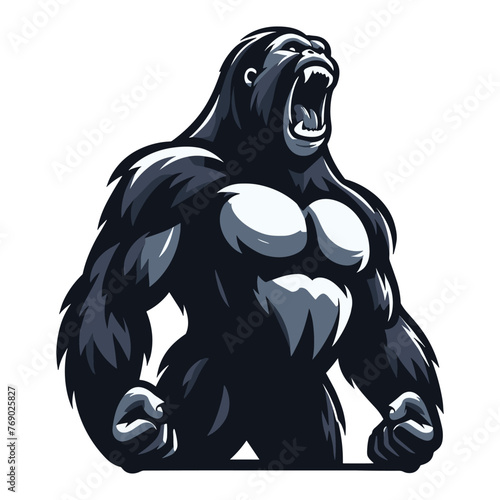 Wild angry gorilla vector illustration, primate animal zoology element illustration, roaring strong big ape concept, design template isolated on white background