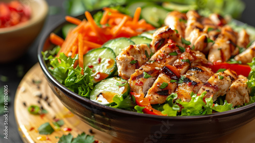 A bowl of grilled chicken salad with vegetables.