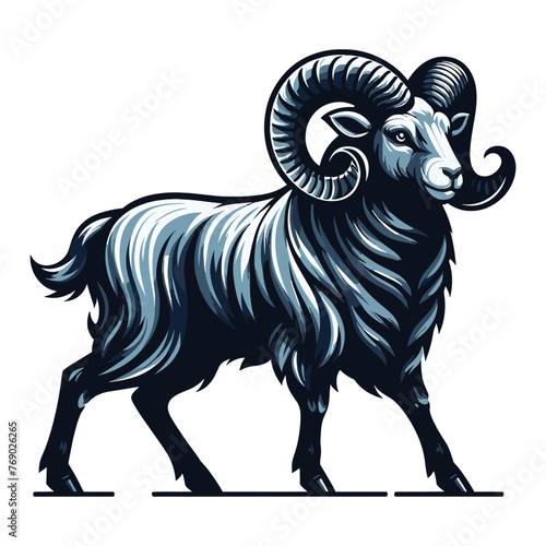 Bighorn horned ram sheep full body design illustration, animal livestock, farm pet, agriculture concept, butchery meat shop element, vector isolated on white background