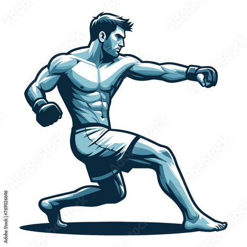 Man mixed martial arts athlete full body vector illustration, MMA sport fighter, octagon combat, punching with fist, kicking strike. design template isolated on white background