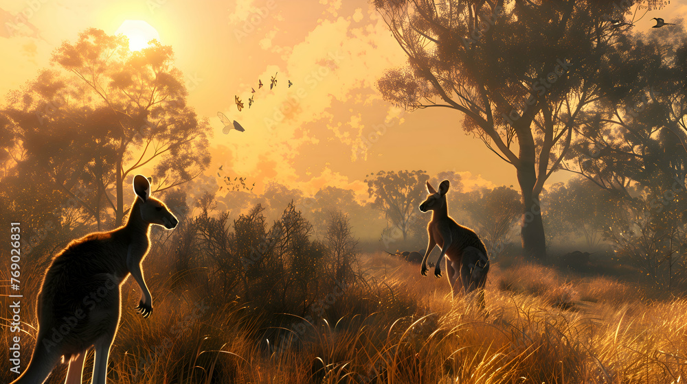 Diurnal kangaroos grazing in an open grassland under the sun - obrazy, fototapety, plakaty 