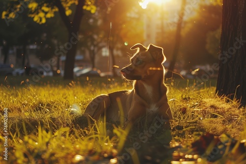 A puppy rhodesian crested dog lying in the park at sunset photo