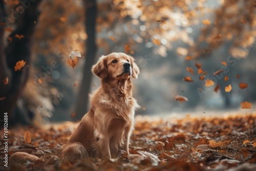 A puppy golden retriever dog sitting looking up in the park in autumn
