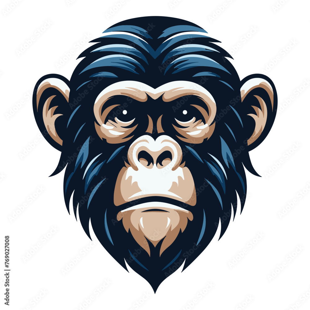 Monkey ape chimpanzee head face vector illustration, wild animal primate, monkey logo mascot illustration concept, design template isolated on white background