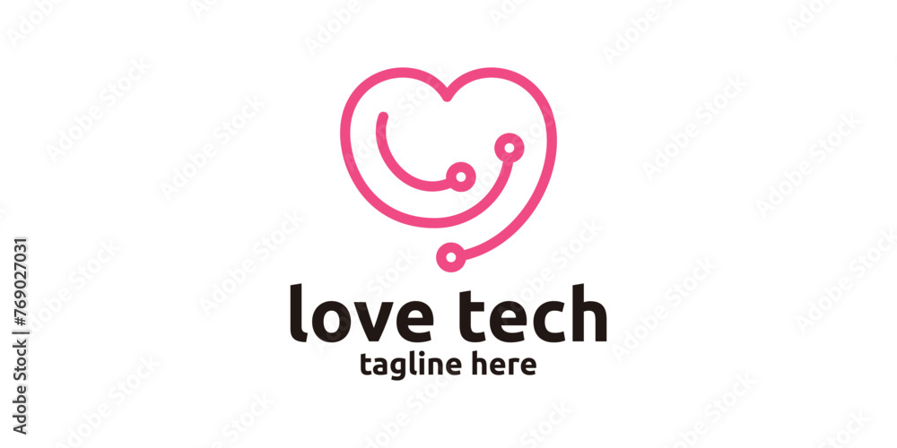 creative love tech logo design, heart and technology logo design, logo design template, symbol, icon, vector, creative idea.