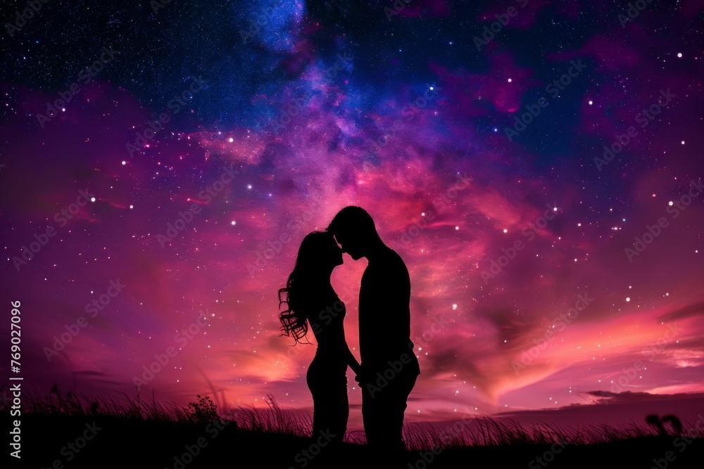 Man and woman share a romantic kiss under electric blue sky full of stars