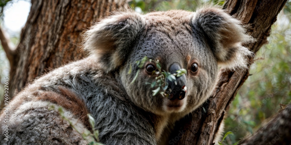 Koala close-up in tree with leaves on face and bush in background Koala close-up in tree with leaves on face and bush in background