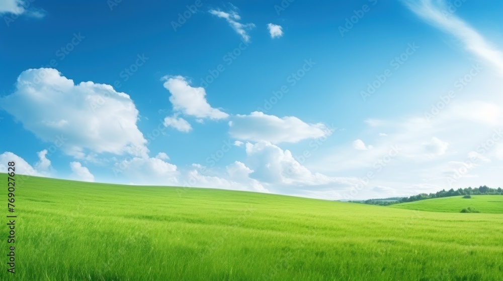 Beautiful Landscape view of green grass on a slope with blue sky and clouds background.