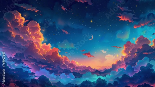 Dreamy Sky with Moon and Stars