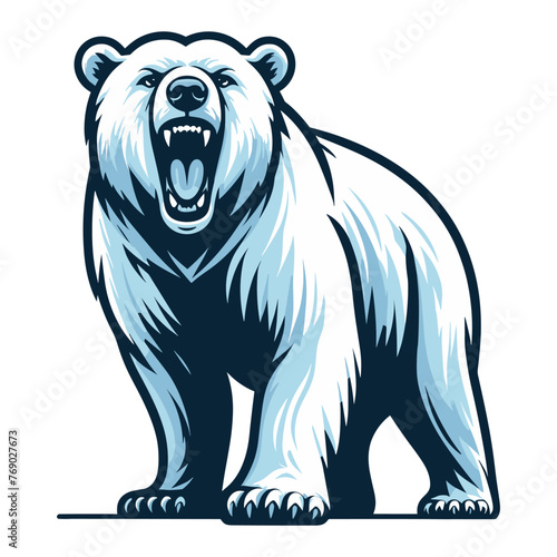 Wild roaring polar bear full body design illustration, zoology element illustration, arctic north pole animal icon, vector template isolated on white background