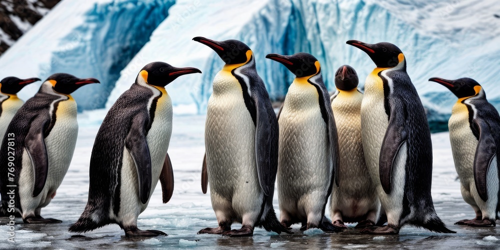 Fototapeta premium A penguin gathering in front of an iceberg, surrounded by glaciers