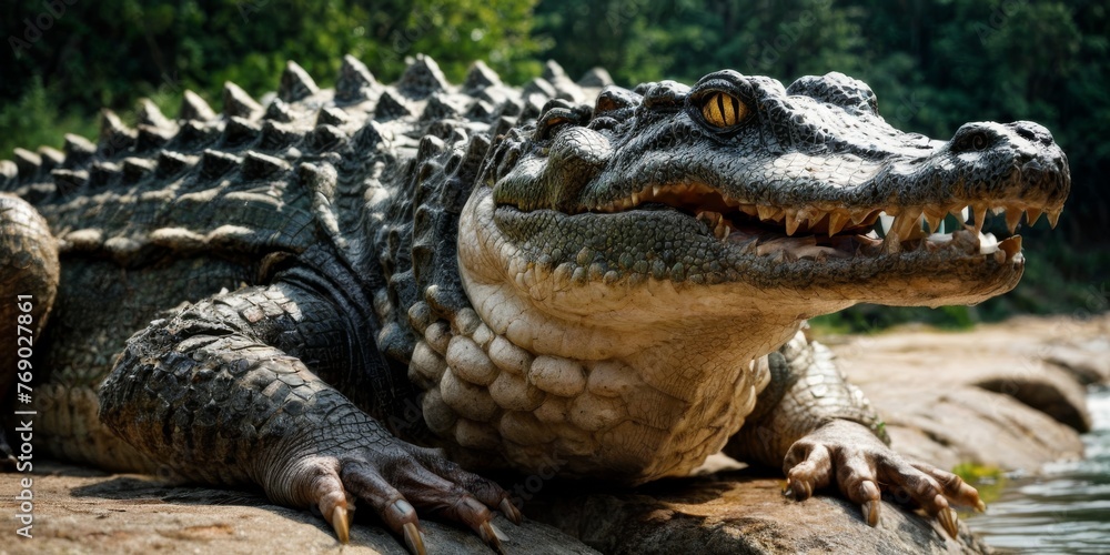 Fototapeta premium A close-up of a crocodile resting on a rock beside a body of water and a forest backdrop