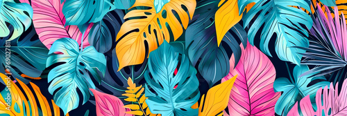 Exotic Tropical Pattern, Seamless Design of Leaves and Flowers, Fashionable and Creative Textile Inspiration photo
