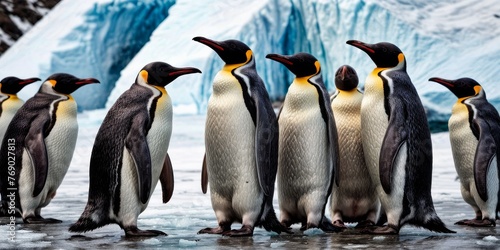   A penguin gathering in front of an iceberg  surrounded by glaciers
