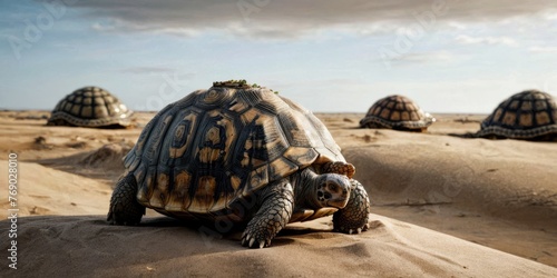  A cluster of turtles perched atop a sandy shore, near a distant body of water