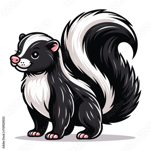 Skunk full body vector illustration, fauna animal concept, wild mammal skunk with a large fluffy tail and black white stripe along the body. Design template isolated on white background photo