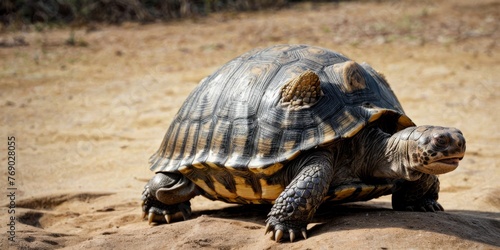  Close-up of a turtle on a dirt ground with grass and bushes in the background