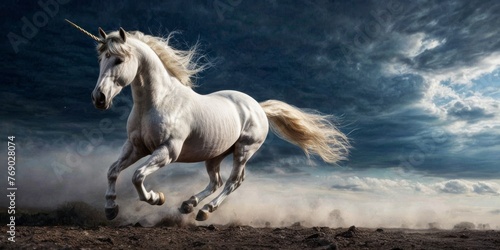 A white horse galloping through a field under a cloudy blue sky with white clouds in the background