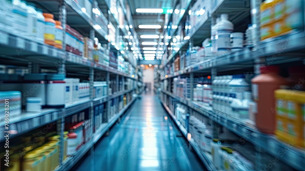 healthcare with a blurred snapshot of a hospital storage system, symbolizing preparedness and order.