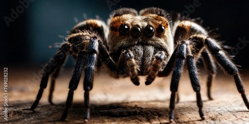  A close-up of a spider on a piece of wood with its eyes open and wide open