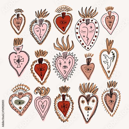 Bundle of vector mystical groovy vintage whimsical doodle sacred hearts. Valentines love characters. Hand-drawn sketchy set, Jesus saint burning heart collection. Art print boho clipart symbols © Knstart Studio