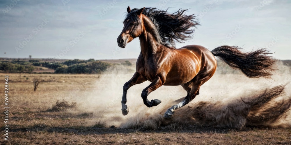 A brown horse gallops in a dusty field with another horse in the background A brown horse gallops in a dusty field with another horse in the background