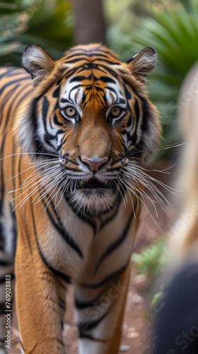 A tiger is standing in a forest with a person in the background. The tiger is looking directly at the camera, and the person is looking away. Scene is peaceful and serene, as the tiger