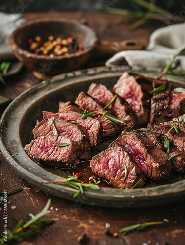 Sliced medium rare filet steak artfully presented on a rustic wooden serving board