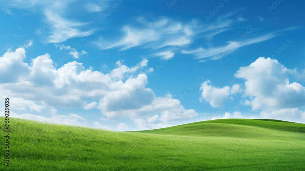 Beautiful Landscape view of green grass on a slope with blue sky and clouds background.