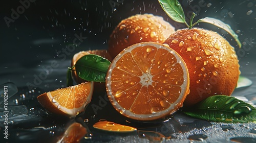 vibrant oranges with water droplets glistening on the surface  against a dark background