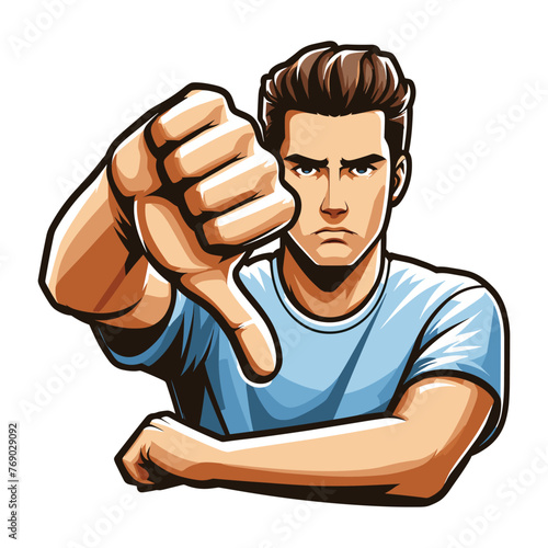 Man showing thumbs down vector illustration, unhappy male gesturing disapproval sign, dislike, disagreement, negative expression. design template isolated on white background