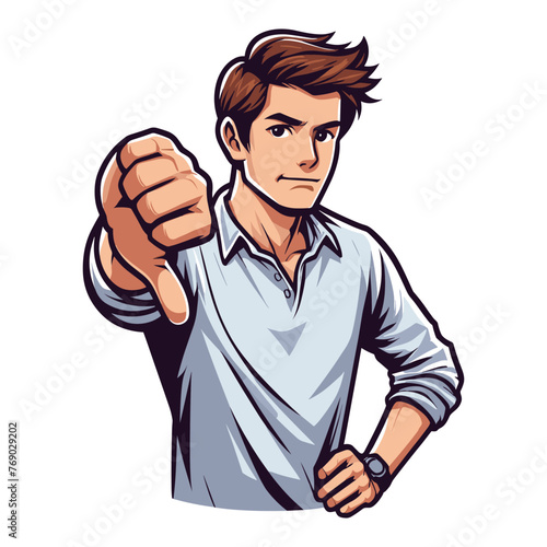 Man showing thumbs down vector illustration, unhappy male gesturing disapproval sign, dislike, disagreement, negative expression. design template isolated on white background