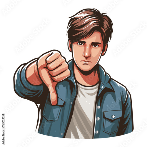 Man showing thumbs down design illustration, unhappy male gesturing dislike, disapproval sign, negative expression, disagreement. vector template isolated on white background